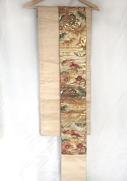 Heavy jacquard vintage Nagoya obi - festive golden cranes and various flowers