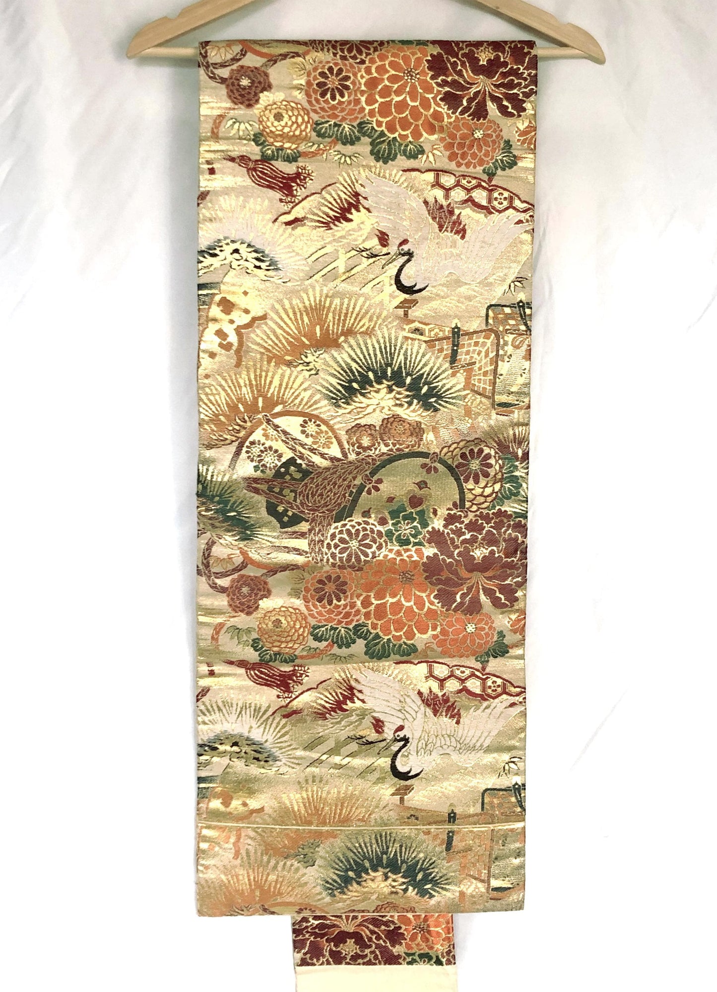 Heavy jacquard vintage Nagoya obi - festive golden cranes and various flowers