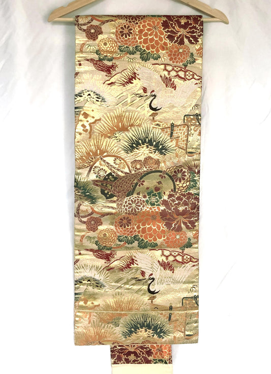 Heavy jacquard vintage Nagoya obi - festive golden cranes and various flowers
