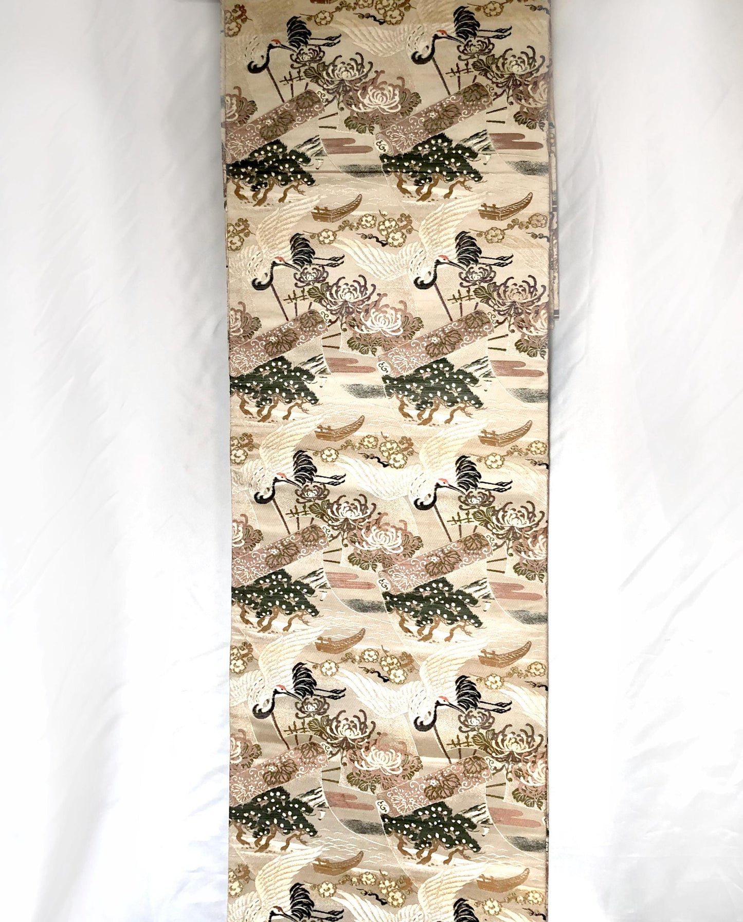 Thin jacquard vintage maru obi - flying cranes, fans, and scrolls in dusty shades