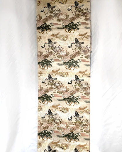 Thin jacquard vintage maru obi - flying cranes, fans, and scrolls in dusty shades