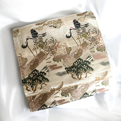 Thin jacquard vintage maru obi - flying cranes, fans, and scrolls in dusty shades