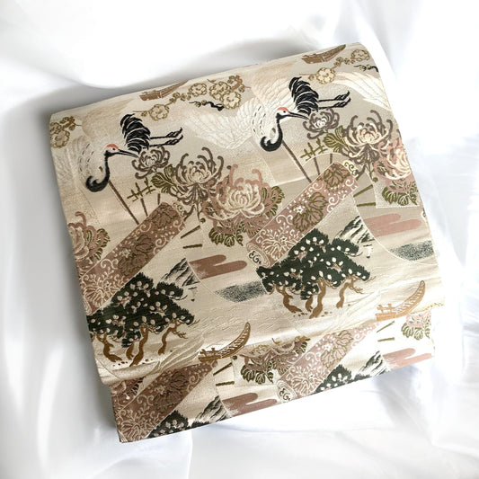 Thin jacquard vintage maru obi - flying cranes, fans, and scrolls in dusty shades