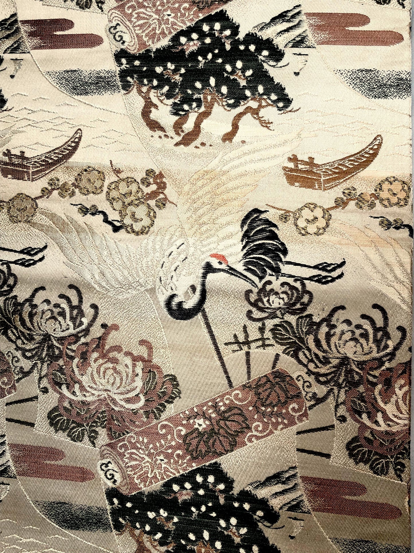 Thin jacquard vintage maru obi - flying cranes, fans, and scrolls in dusty shades