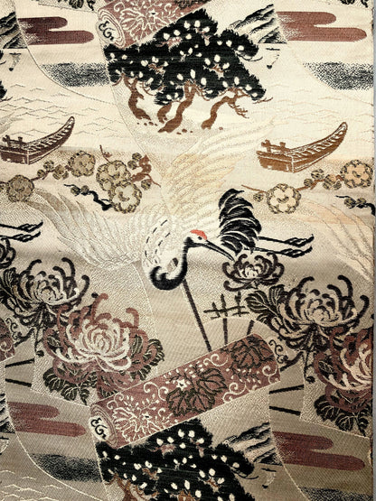 Thin jacquard vintage maru obi - flying cranes, fans, and scrolls in dusty shades