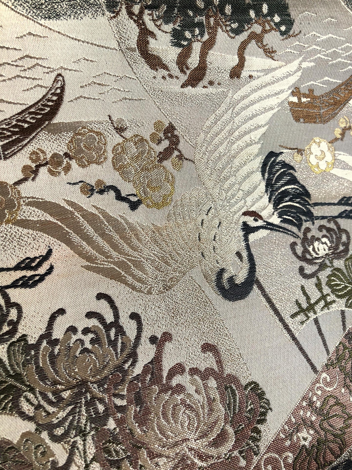 Thin jacquard vintage maru obi - flying cranes, fans, and scrolls in dusty shades
