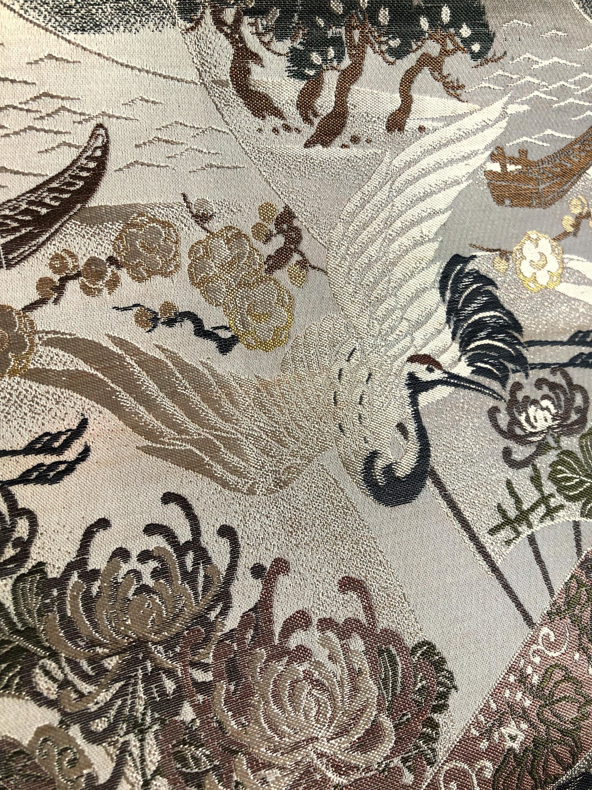 Thin jacquard vintage maru obi - flying cranes, fans, and scrolls in dusty shades