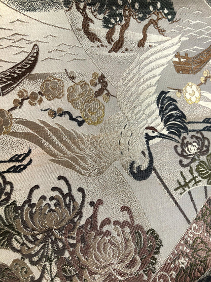 Thin jacquard vintage maru obi - flying cranes, fans, and scrolls in dusty shades