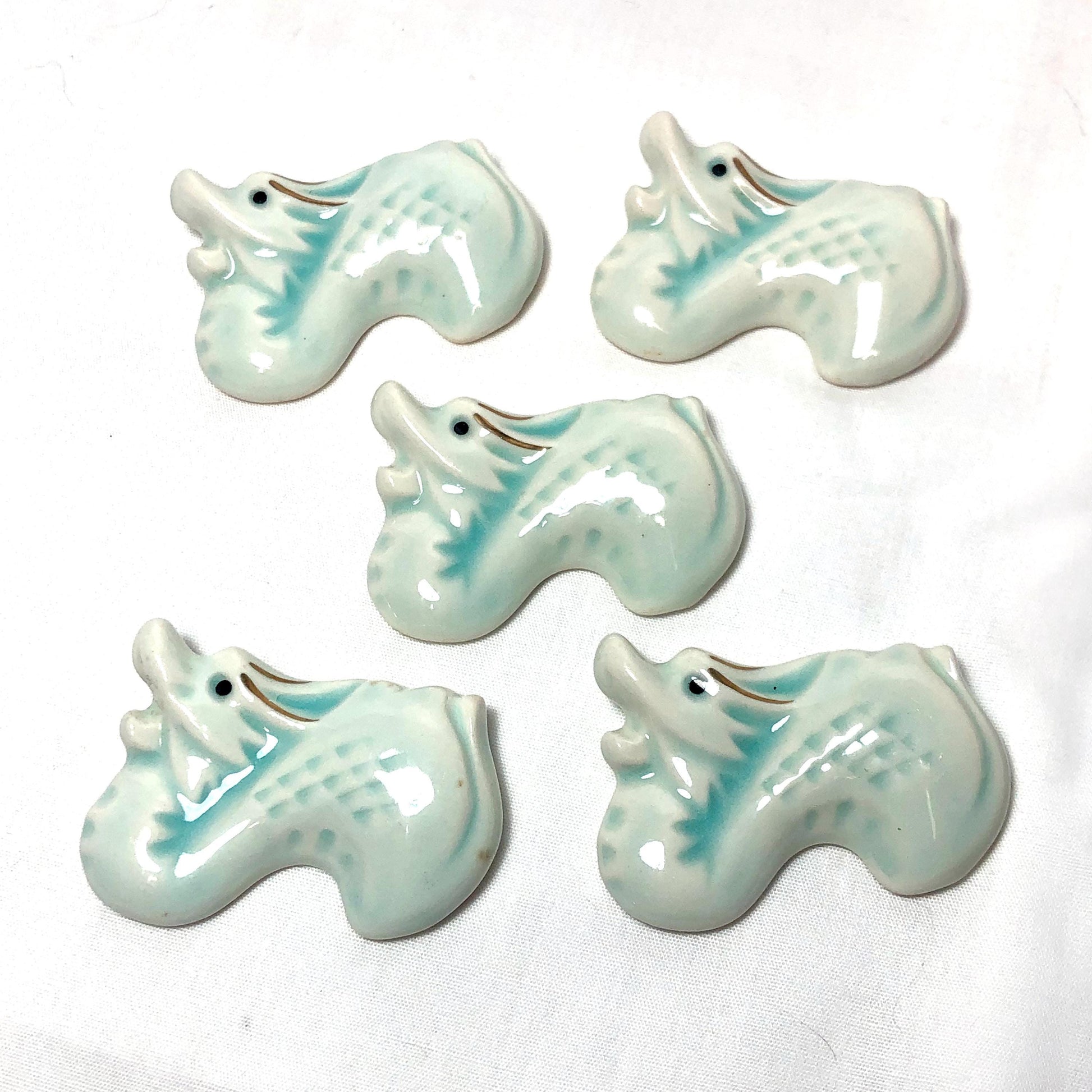 Vintage Japanese hashioki - chopstick rests - light blue zodiac dragons, set of 5
