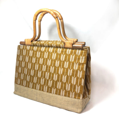 Casual cotton handbag with yagasuri pattern and bamboo handles