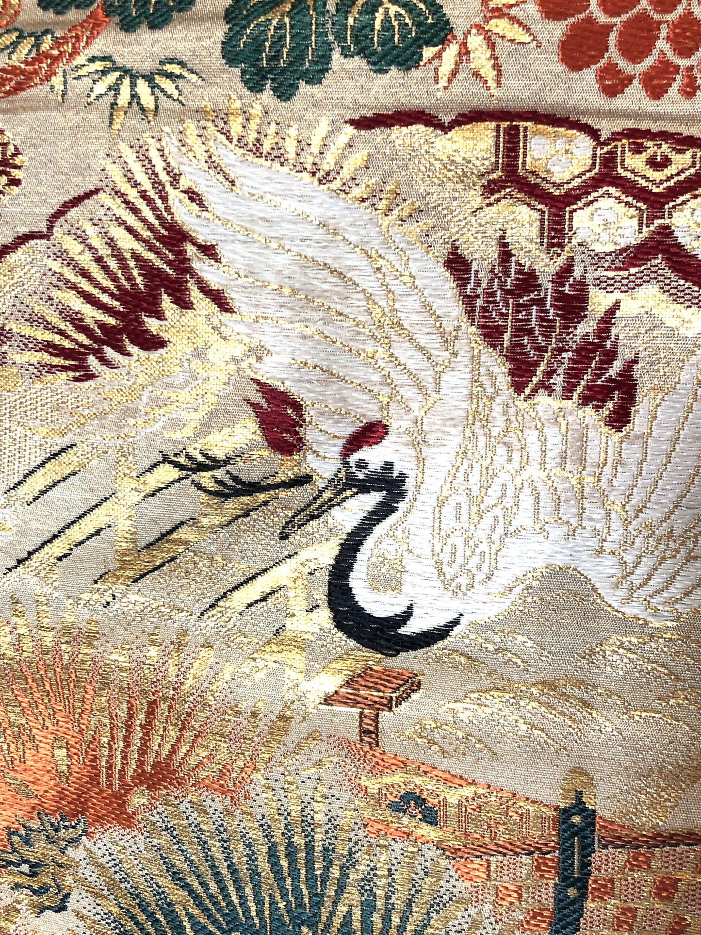 Heavy jacquard vintage Nagoya obi - festive golden cranes and various flowers