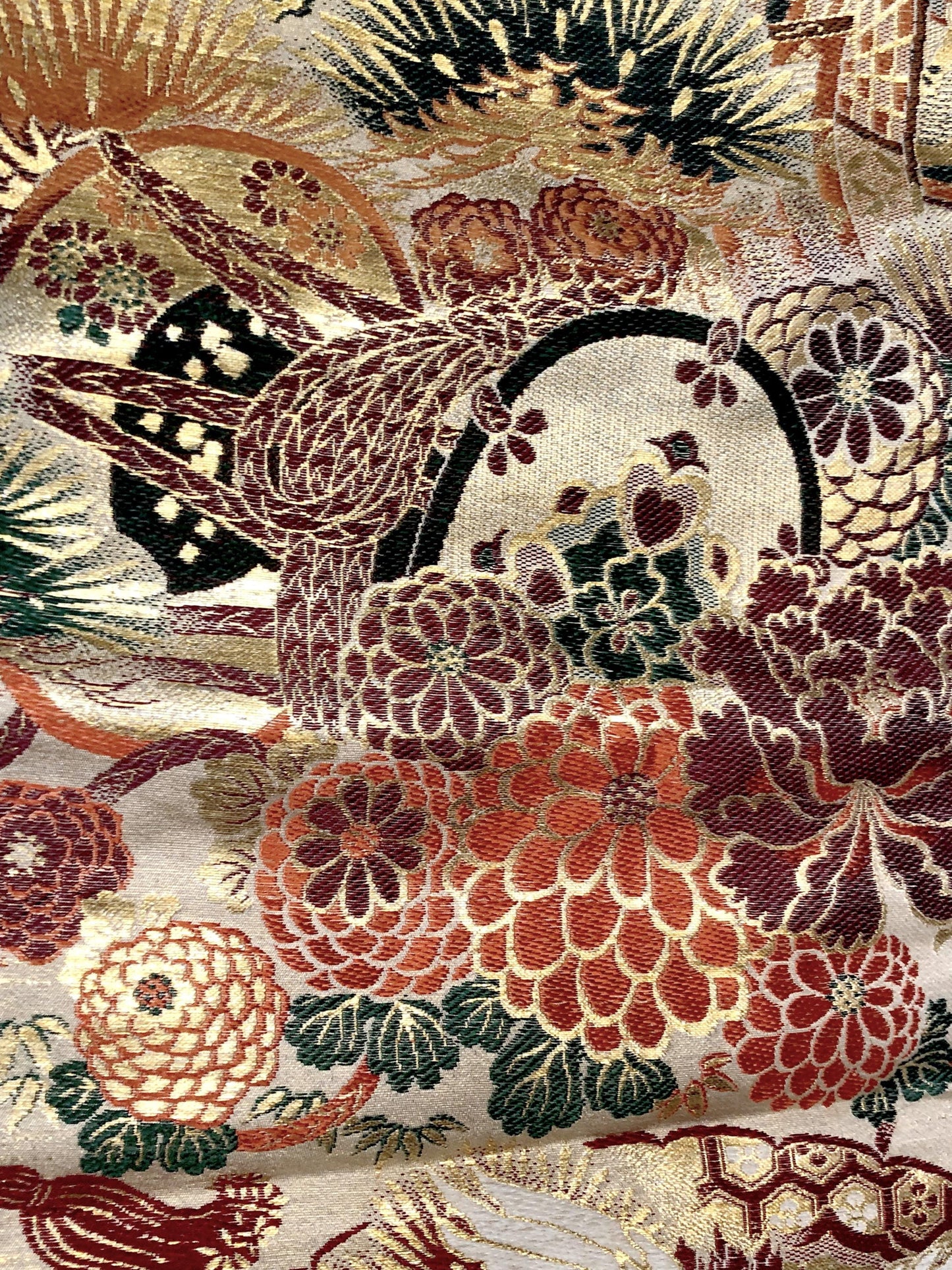 Heavy jacquard vintage Nagoya obi - festive golden cranes and various flowers