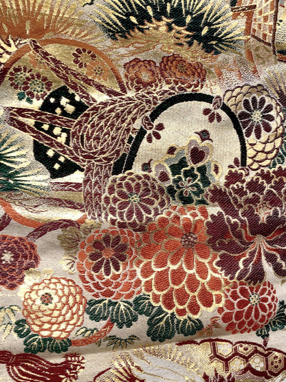 Heavy jacquard vintage Nagoya obi - festive golden cranes and various flowers