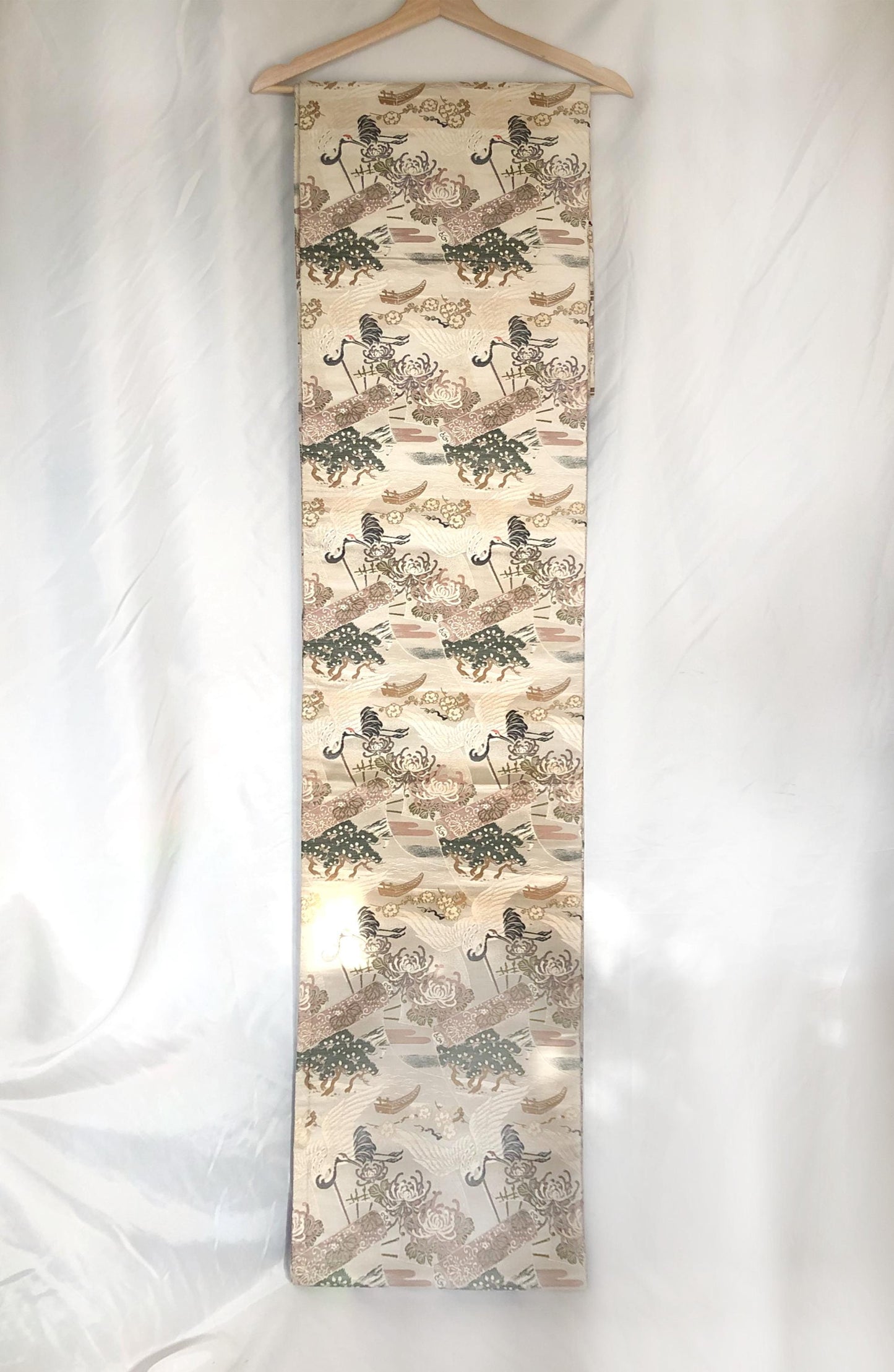 Thin jacquard vintage maru obi - flying cranes, fans, and scrolls in dusty shades