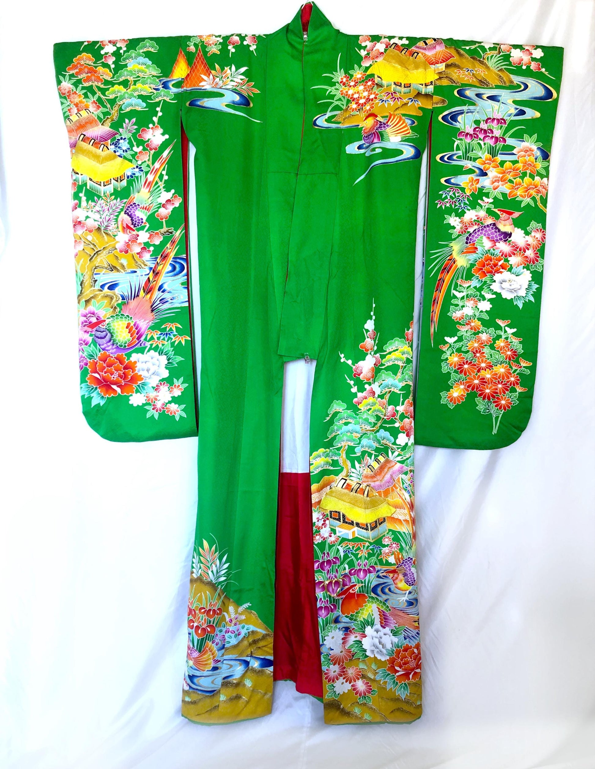 Colorful uchikake - Japanese wedding cover / hikizuri - stage costume - highlighter green with rainbow birds and flowers