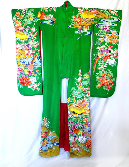 Colorful uchikake - Japanese wedding cover / hikizuri - stage costume - highlighter green with rainbow birds and flowers