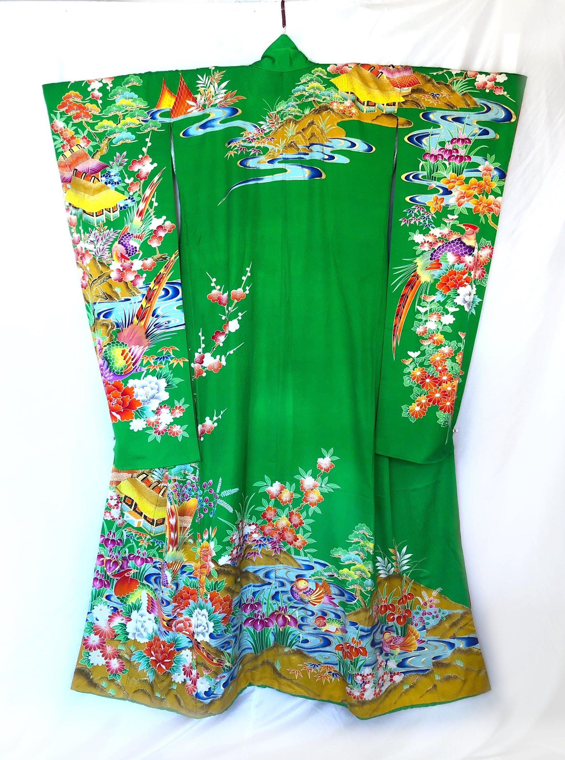 Colorful uchikake - Japanese wedding cover / hikizuri - stage costume - highlighter green with rainbow birds and flowers