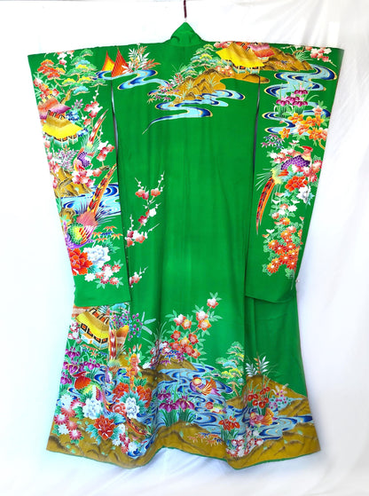Colorful uchikake - Japanese wedding cover / hikizuri - stage costume - highlighter green with rainbow birds and flowers