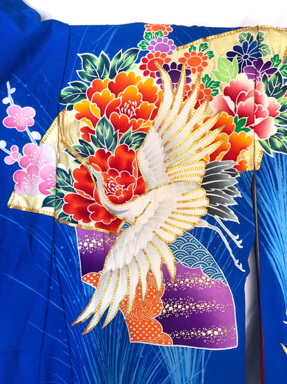 Colorful uchikake - Japanese wedding cover / hikizuri - stage costume - vivid blue with white cranes among flowers