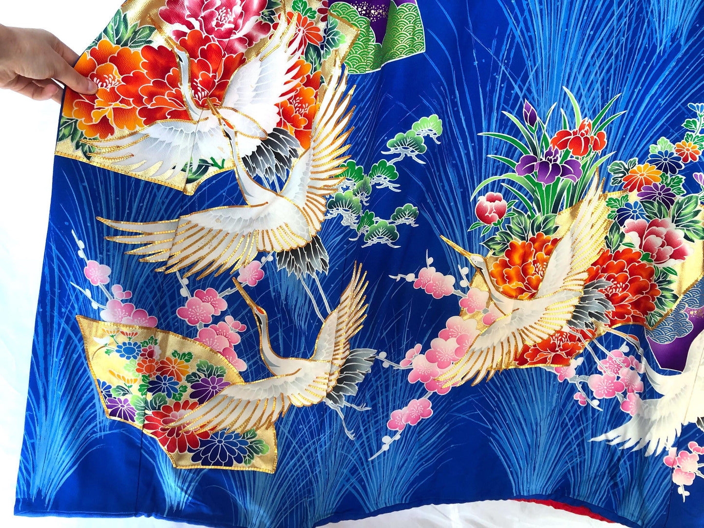 Colorful uchikake - Japanese wedding cover / hikizuri - stage costume - vivid blue with white cranes among flowers