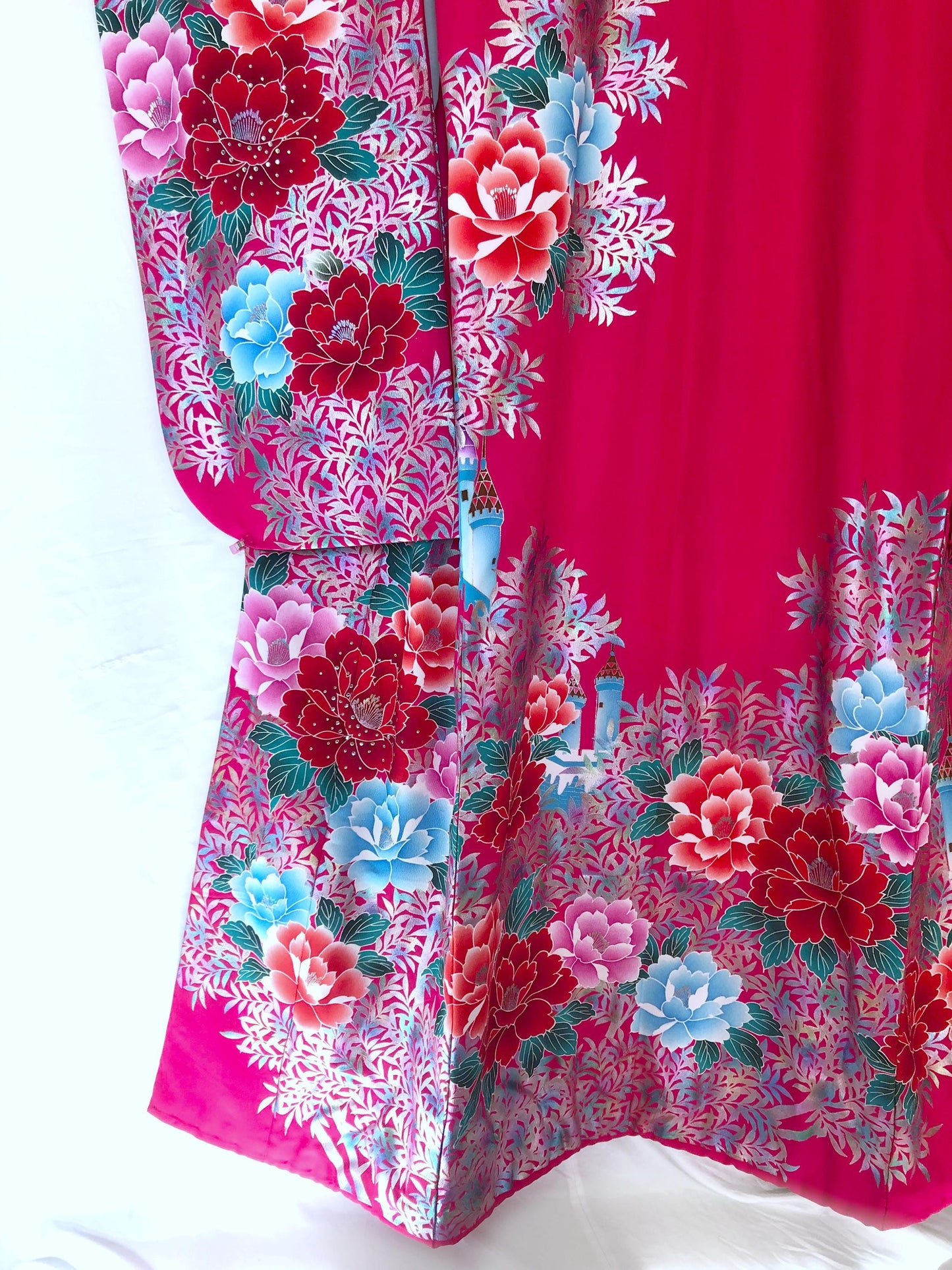 Colorful uchikake - Japanese wedding cover / hikizuri - stage costume - vivid pink with castles and roses