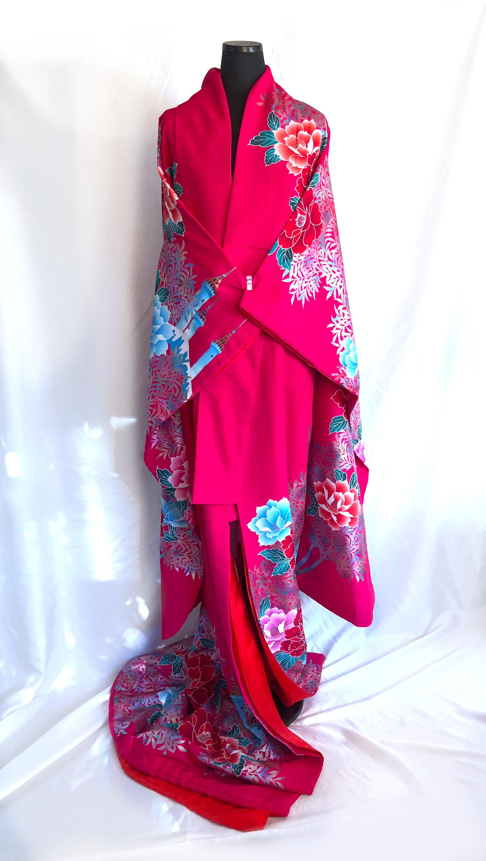 Colorful uchikake - Japanese wedding cover / hikizuri - stage costume - vivid pink with castles and roses