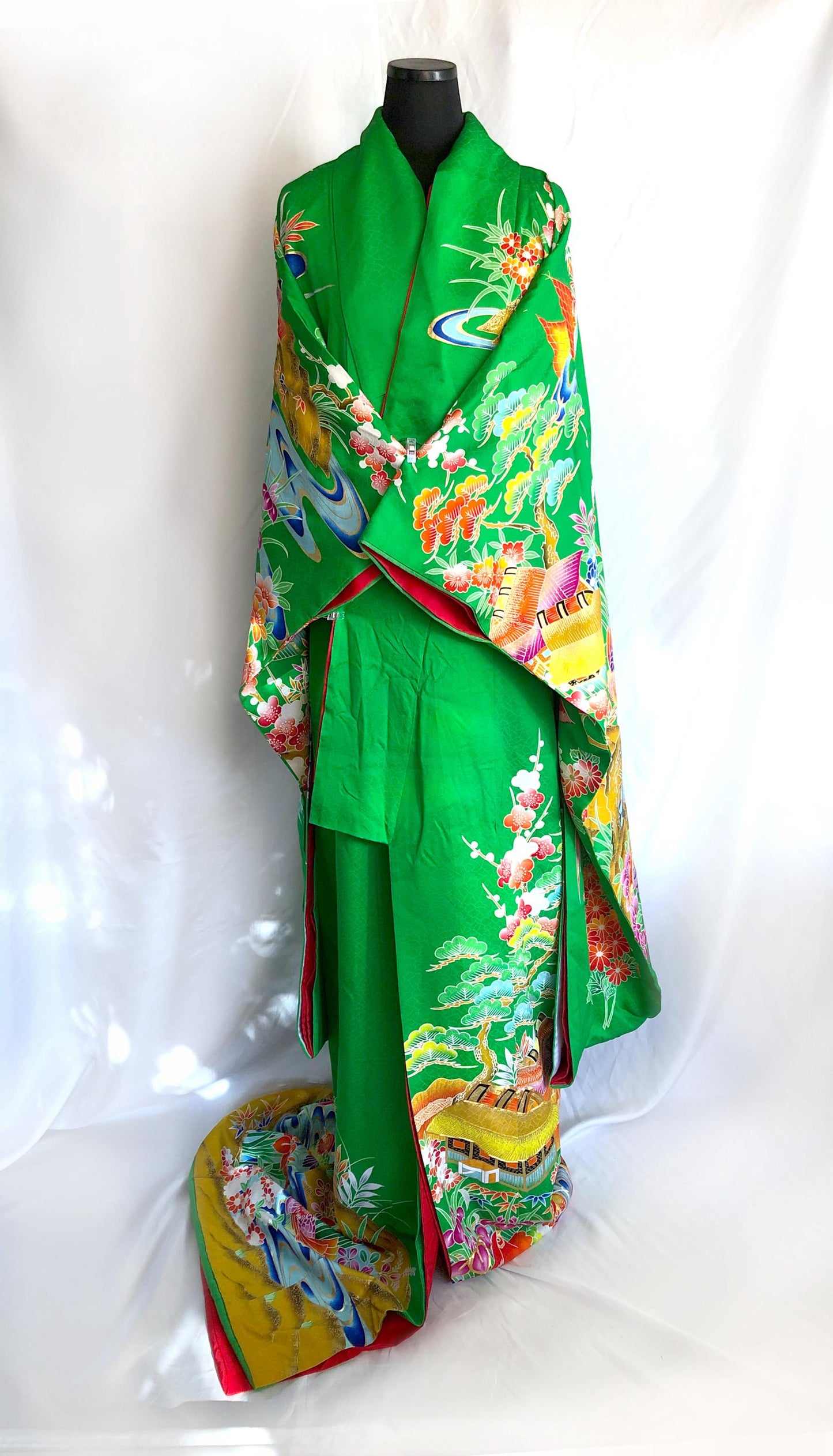 Colorful uchikake - Japanese wedding cover / hikizuri - stage costume - highlighter green with rainbow birds and flowers