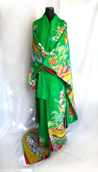 Colorful uchikake - Japanese wedding cover / hikizuri - stage costume - highlighter green with rainbow birds and flowers
