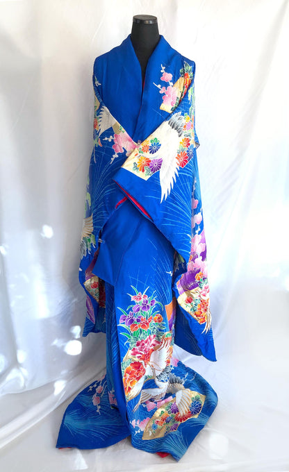 Colorful uchikake - Japanese wedding cover / hikizuri - stage costume - vivid blue with white cranes among flowers
