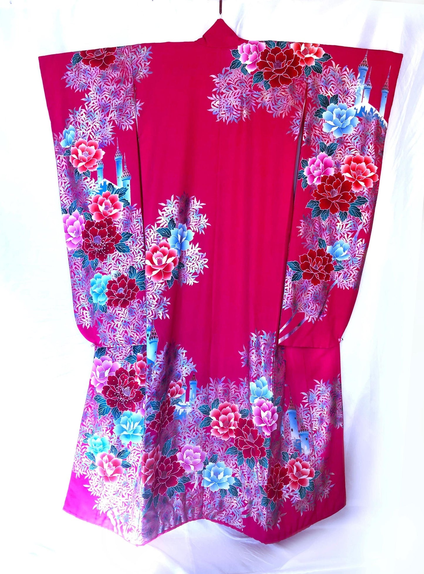 Colorful uchikake - Japanese wedding cover / hikizuri - stage costume - vivid pink with castles and roses