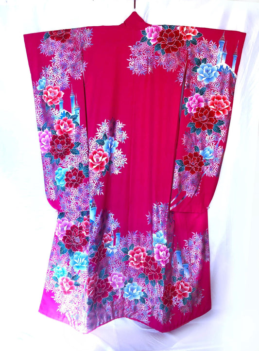 Colorful uchikake - Japanese wedding cover / hikizuri - stage costume - vivid pink with castles and roses
