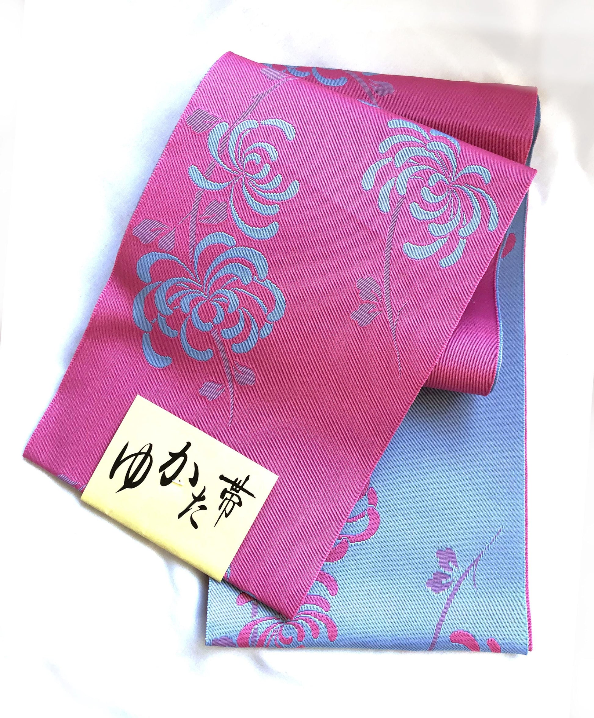 Cute Japanese hanhaba obi - baby blue and pink spider lily pattern