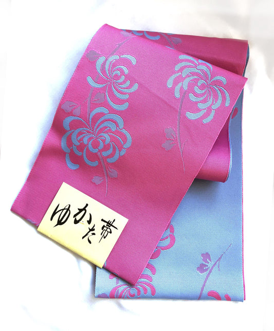 Cute Japanese hanhaba obi - baby blue and pink spider lily pattern