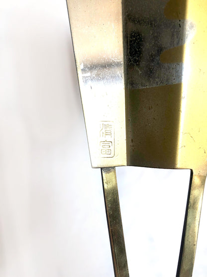 Japanese metal interior decoration - noh theater mask and a fan