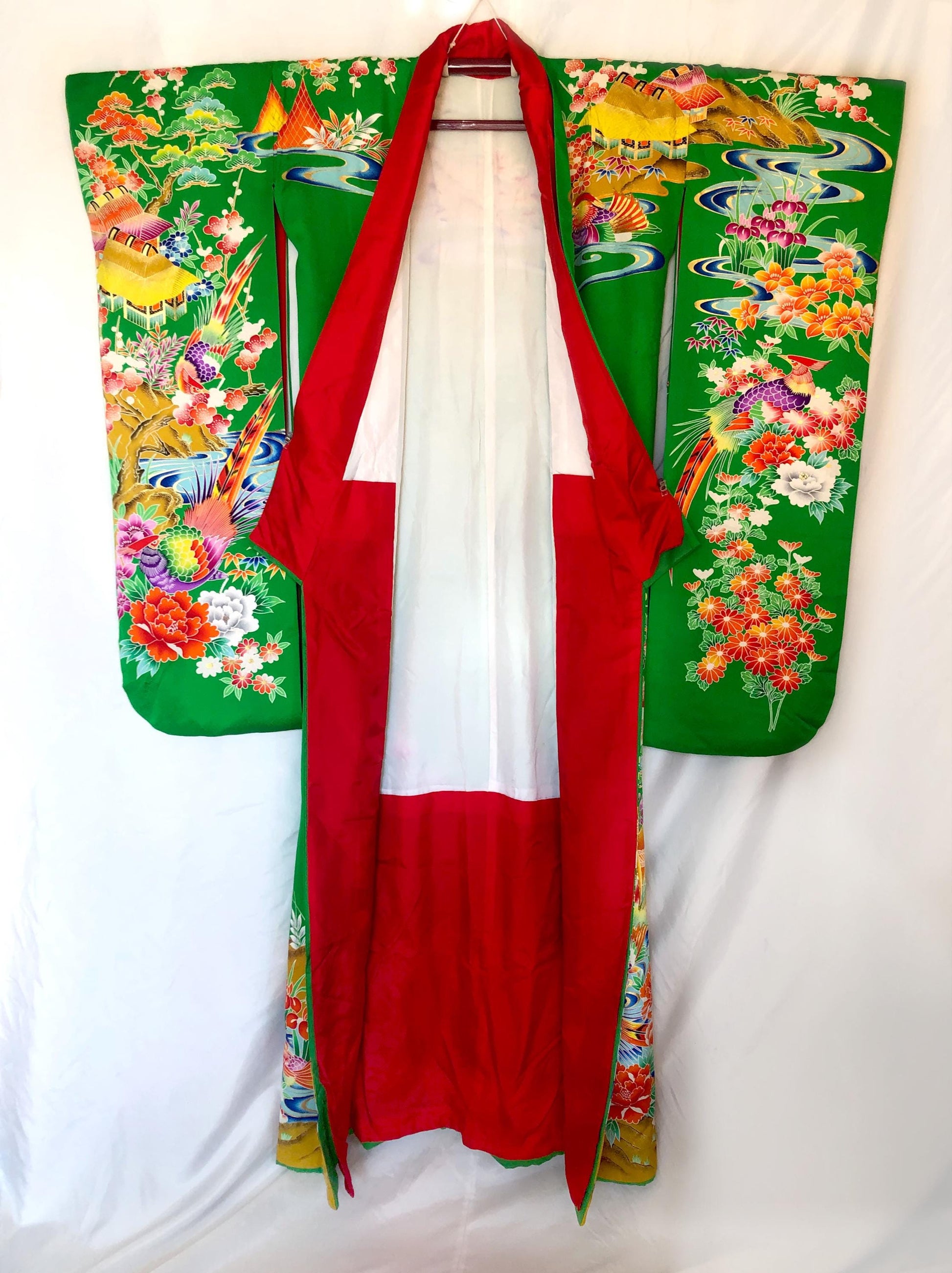 Colorful uchikake - Japanese wedding cover / hikizuri - stage costume - highlighter green with rainbow birds and flowers