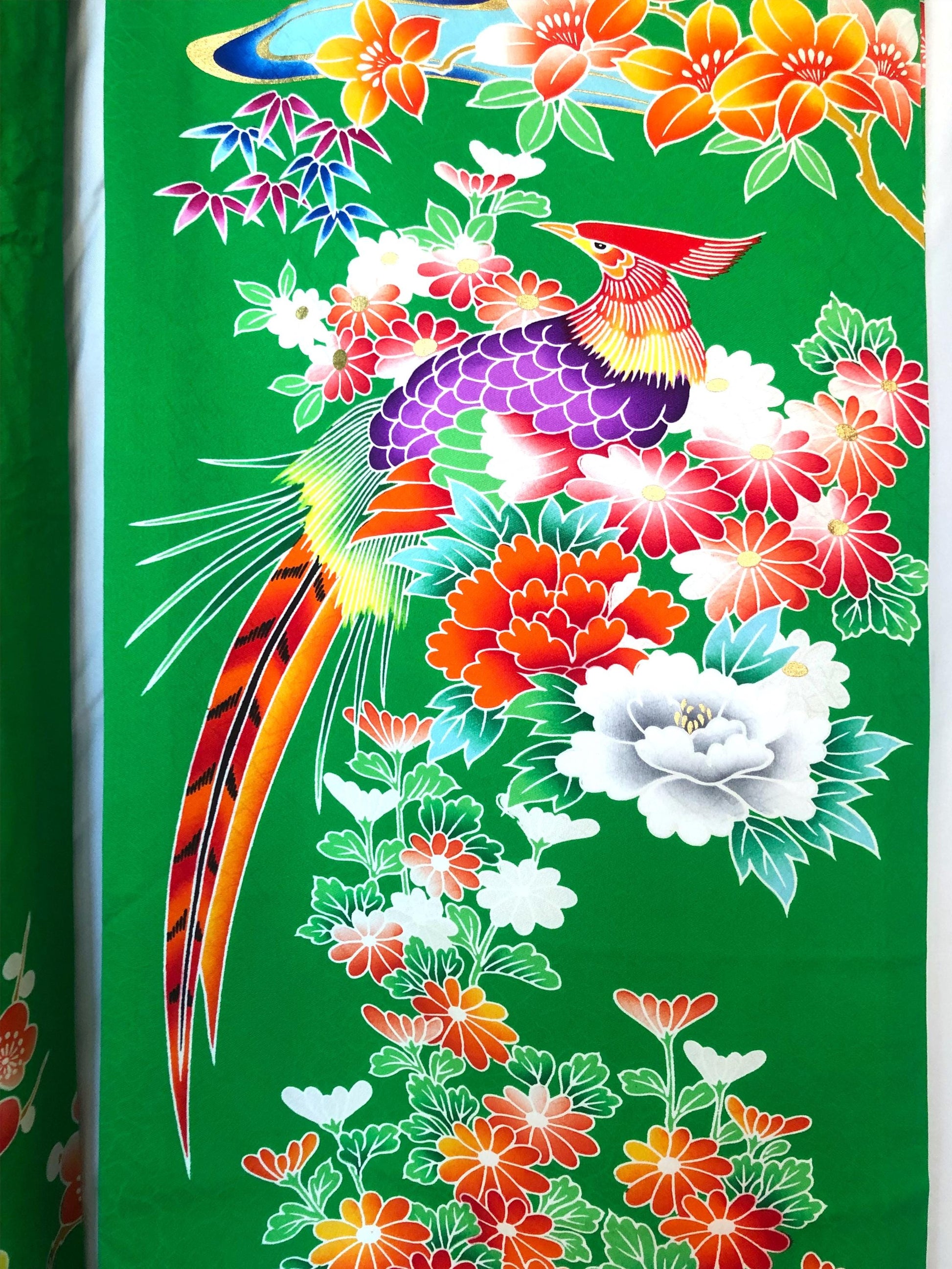Colorful uchikake - Japanese wedding cover / hikizuri - stage costume - highlighter green with rainbow birds and flowers
