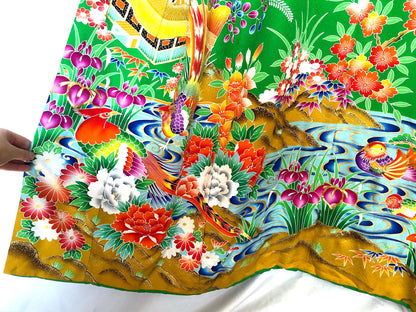 Colorful uchikake - Japanese wedding cover / hikizuri - stage costume - highlighter green with rainbow birds and flowers