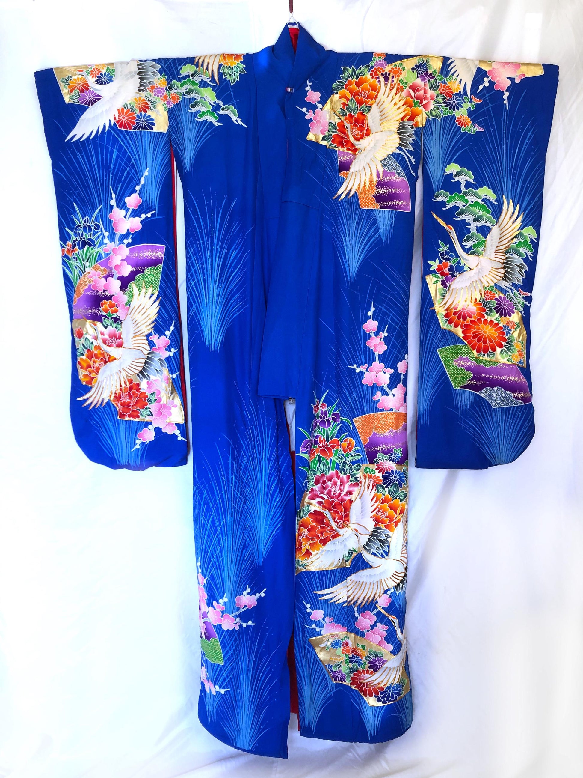 Colorful uchikake - Japanese wedding cover / hikizuri - stage costume - vivid blue with white cranes among flowers