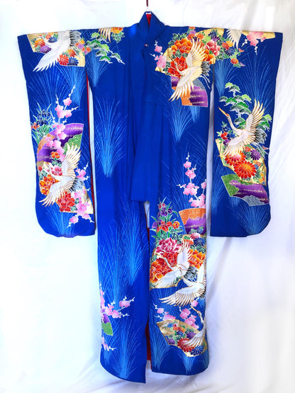 Colorful uchikake - Japanese wedding cover / hikizuri - stage costume - vivid blue with white cranes among flowers