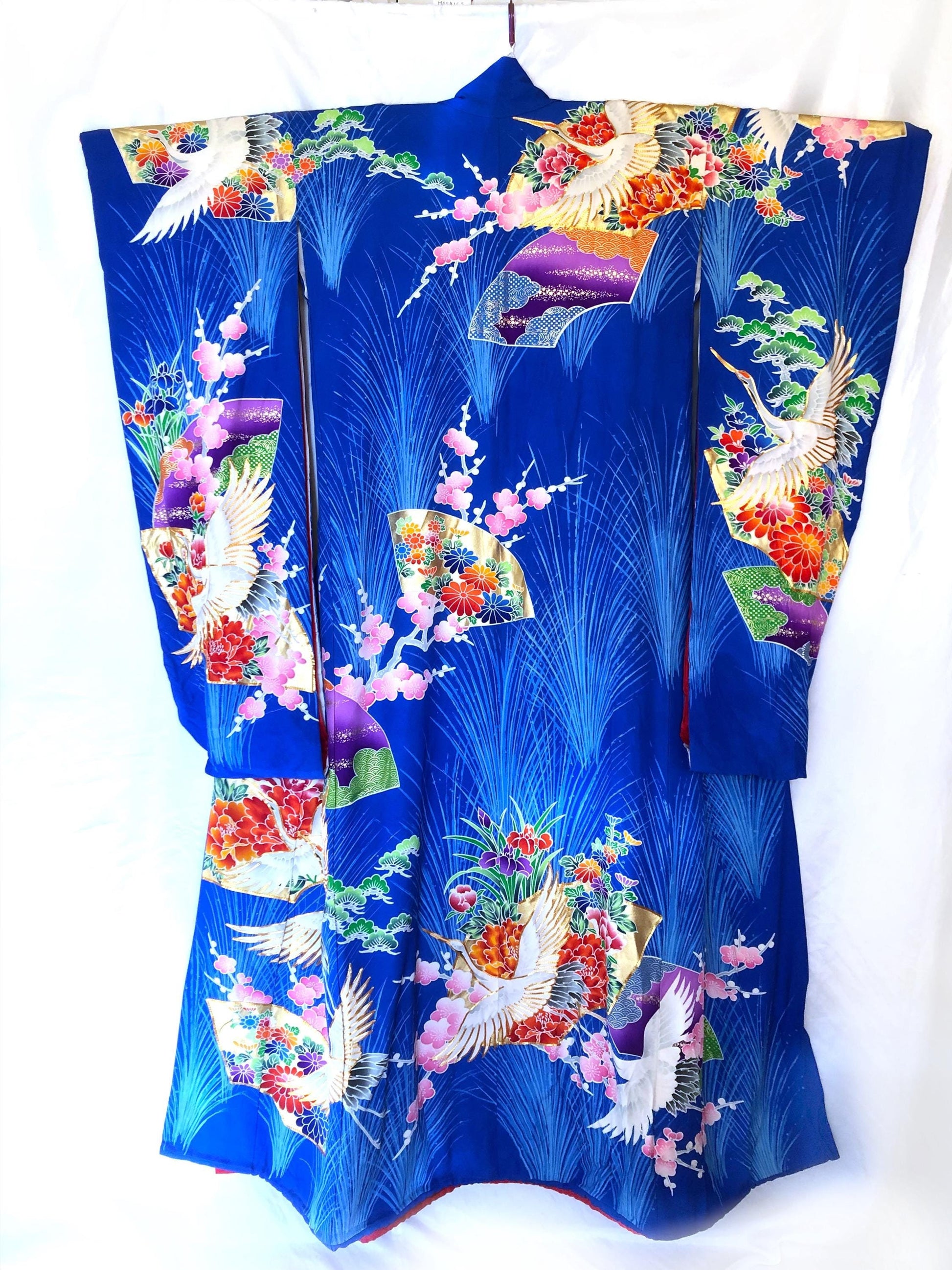 Colorful uchikake - Japanese wedding cover / hikizuri - stage costume - vivid blue with white cranes among flowers