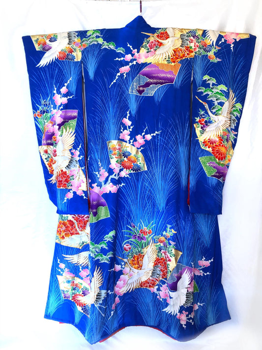 Colorful uchikake - Japanese wedding cover / hikizuri - stage costume - vivid blue with white cranes among flowers
