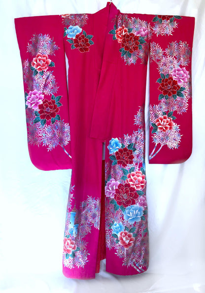 Colorful uchikake - Japanese wedding cover / hikizuri - stage costume - vivid pink with castles and roses