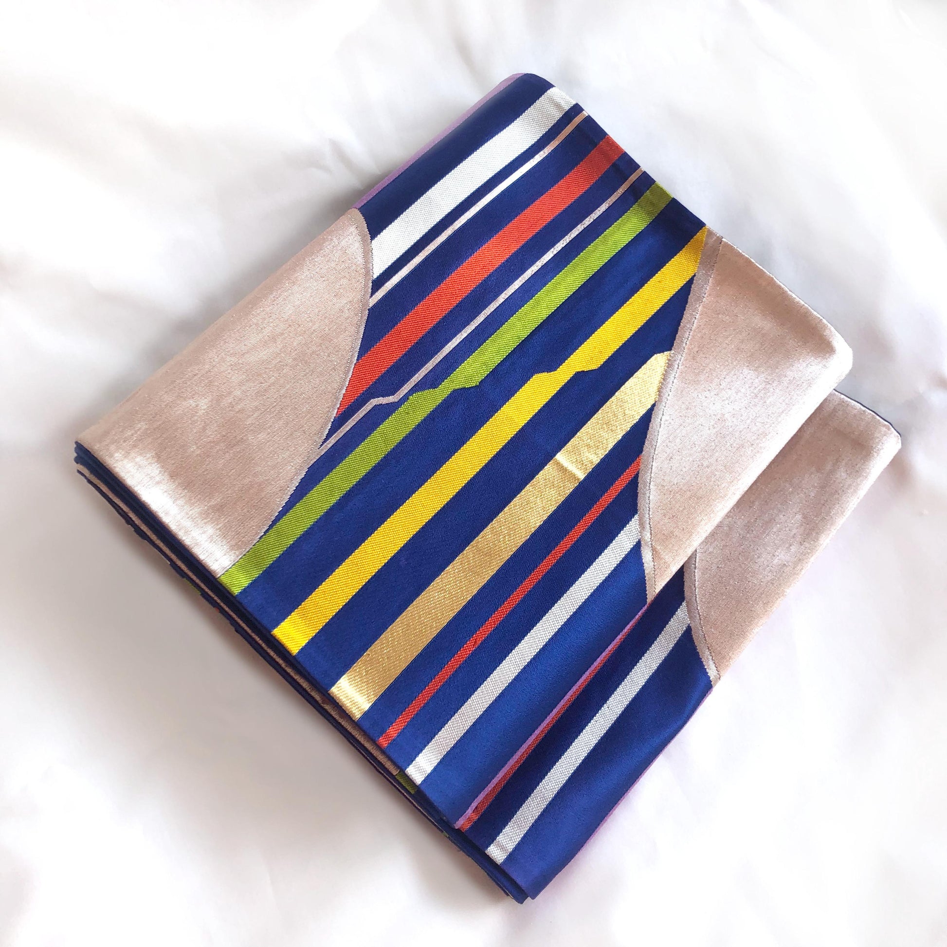 Fukuro obi - vivid blue with rainbow stripes and silver accents