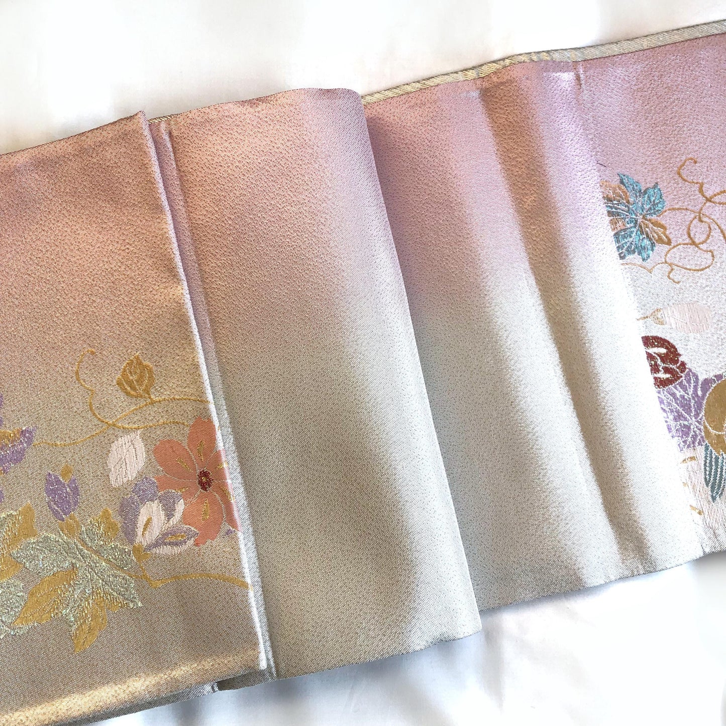 Festive fukuro obi - metallic silver with pastel flowers and birds