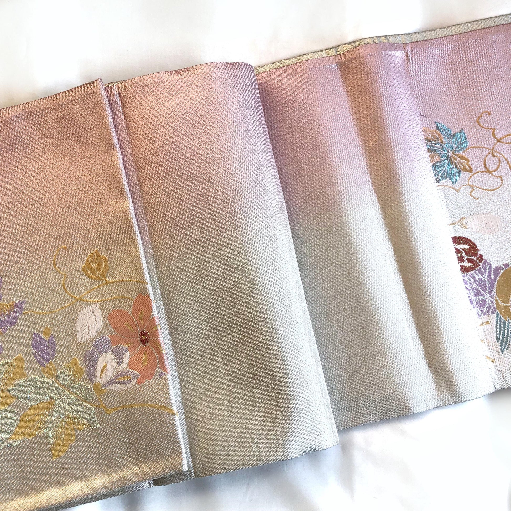Festive fukuro obi - metallic silver with pastel flowers and birds