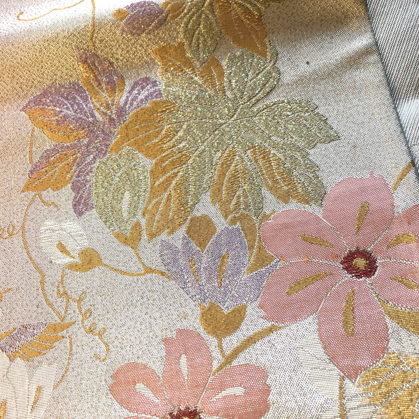Festive fukuro obi - metallic silver with pastel flowers and birds