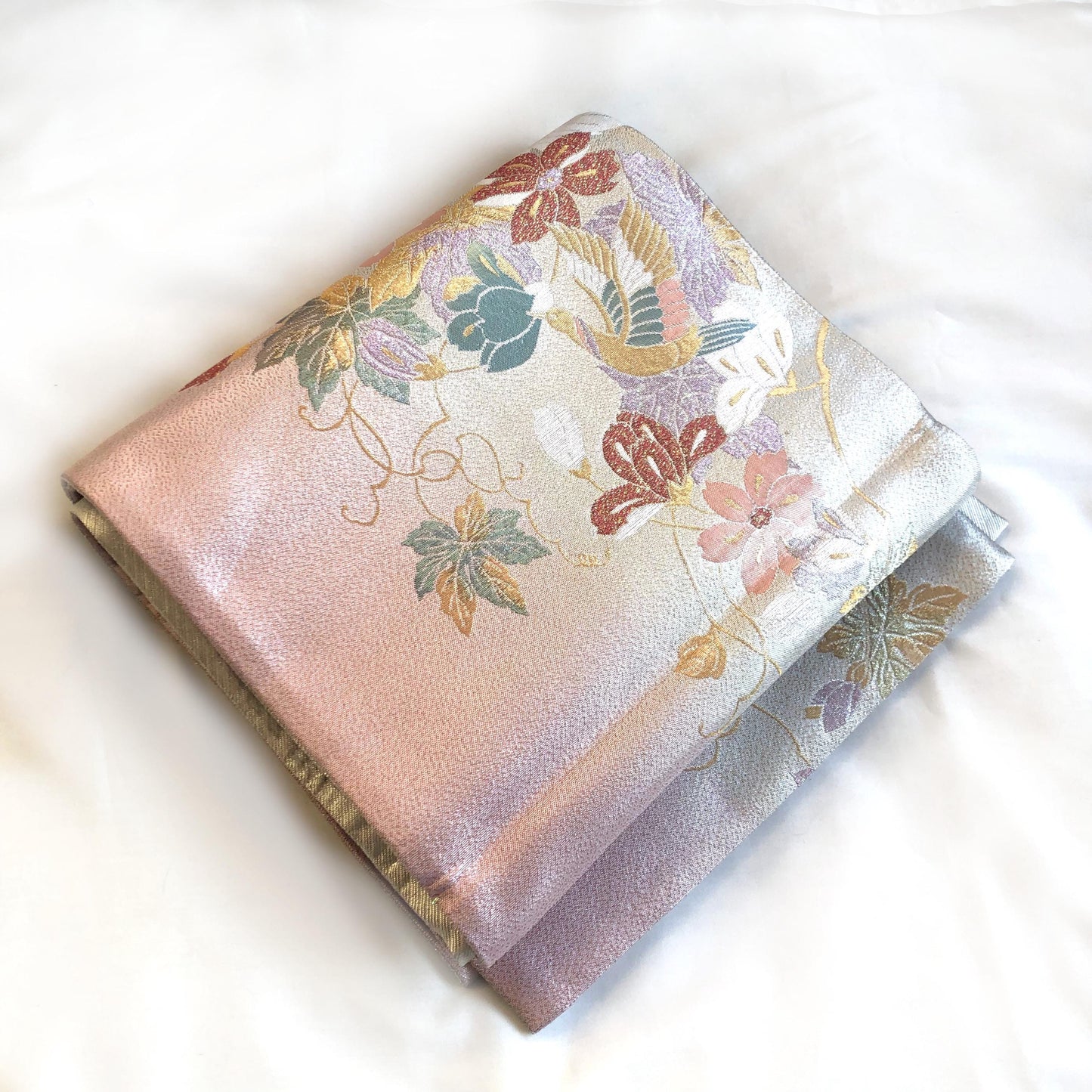 Festive fukuro obi - metallic silver with pastel flowers and birds