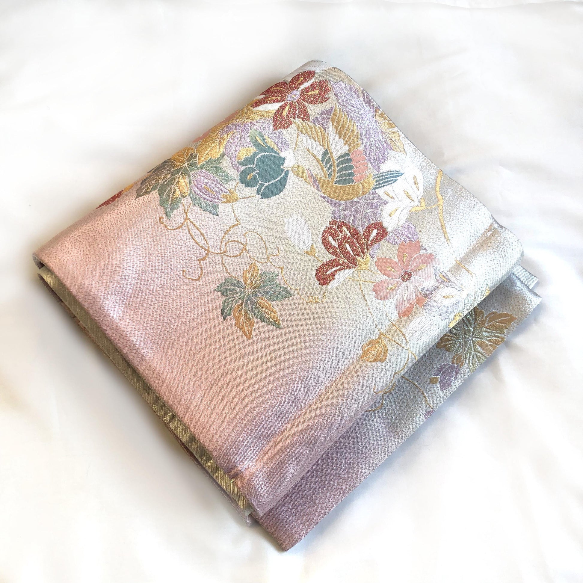 Festive fukuro obi - metallic silver with pastel flowers and birds