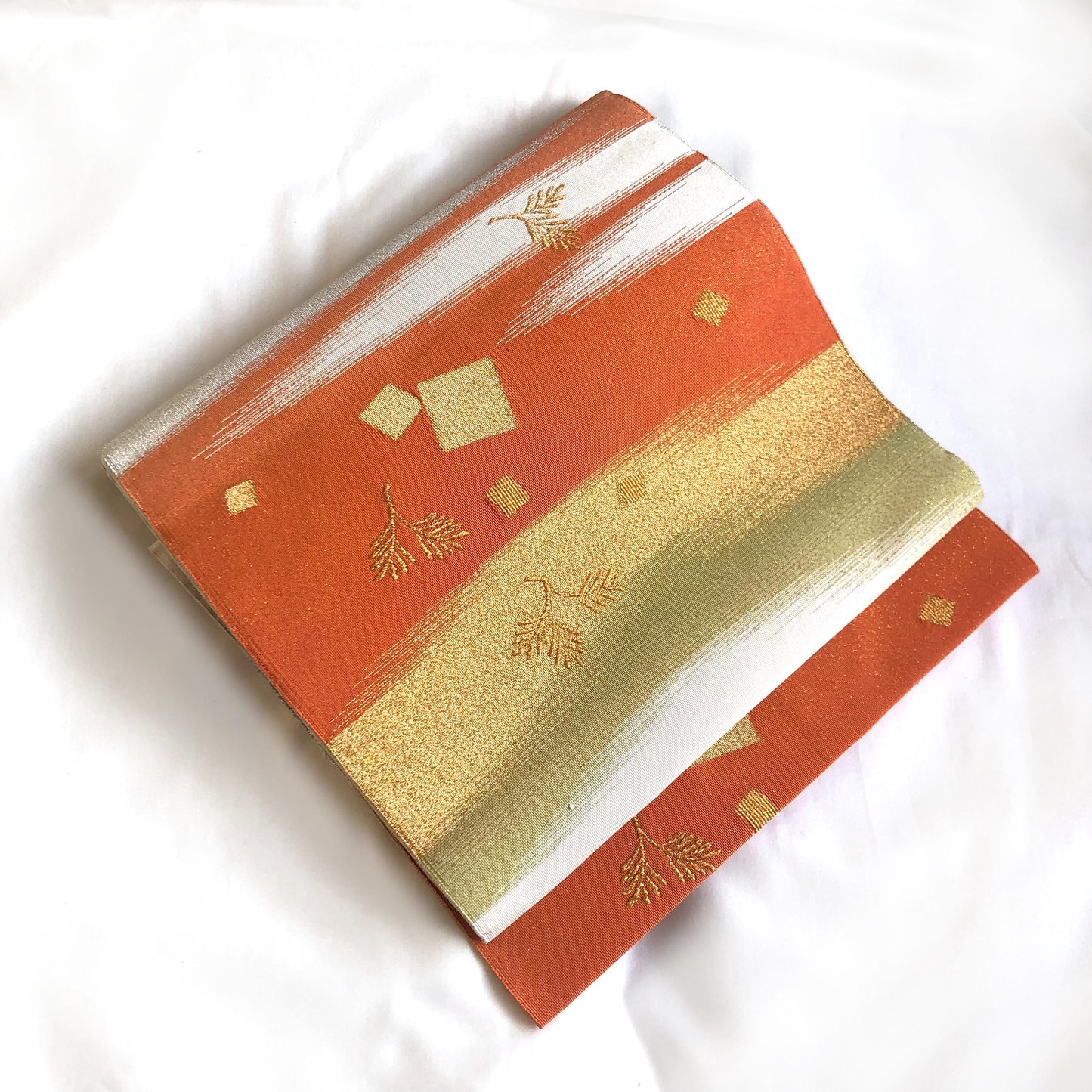 Elegant Nagoya obi - sparkling silver with orange accents and golden pine branches