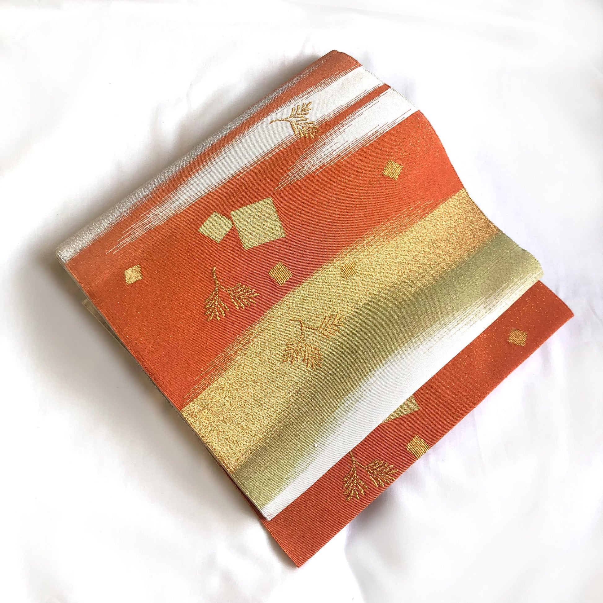 Elegant Nagoya obi - sparkling silver with orange accents and golden pine branches